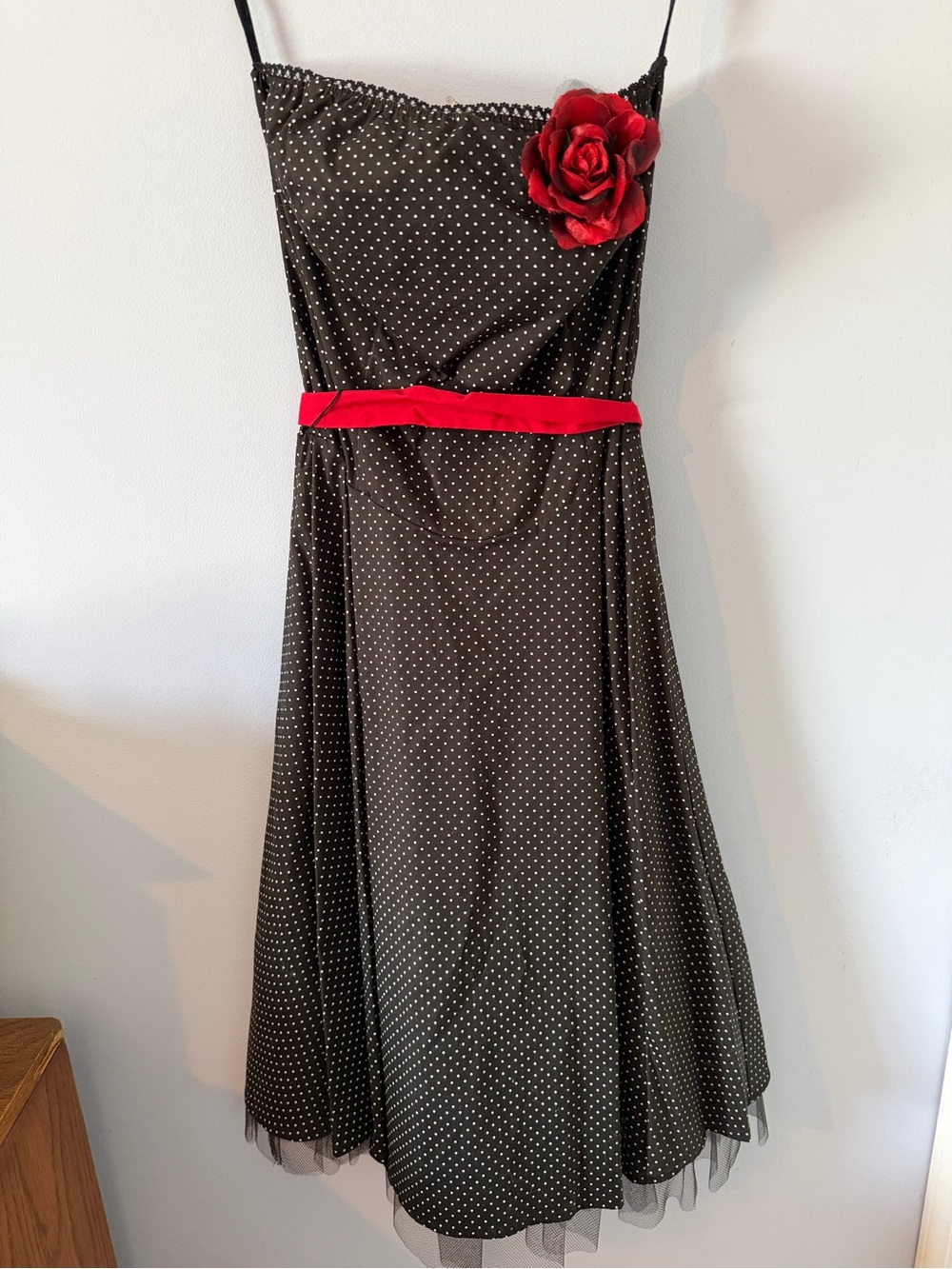 Black Polka Dot Strapless Dress with Red Accents